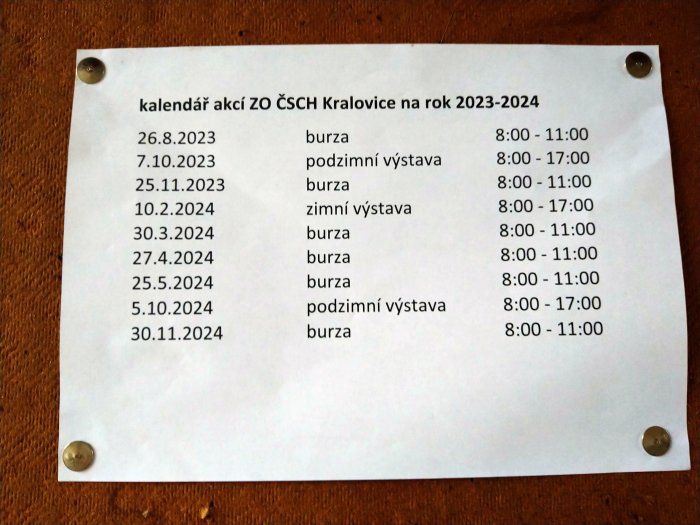 kalendář akcí ZO ČSCH KRALOVICE NA 2023-2024  Plzeň-sever - Kralovice