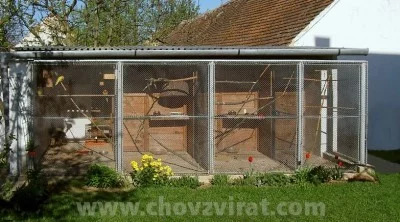 Fotografie první zděné voliéry. Obsazené této je následující, zprava: rosely pestrá, rosely pennant, alexandři malí; a v poslední jsou společně andulky, korely a kakarikové